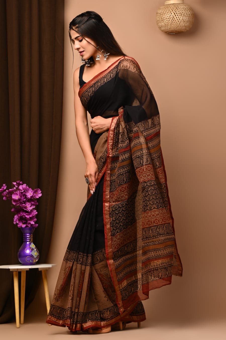 Kota doria black with reddish orange saree - Classic to Modern
