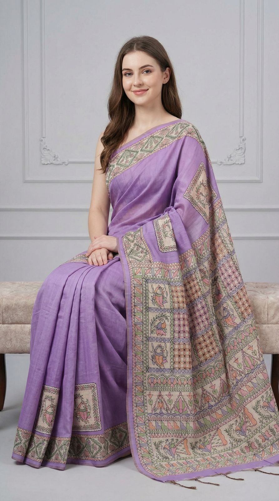Lavender traditional madhubani printed soft tussar silk saree - Classic to Modern