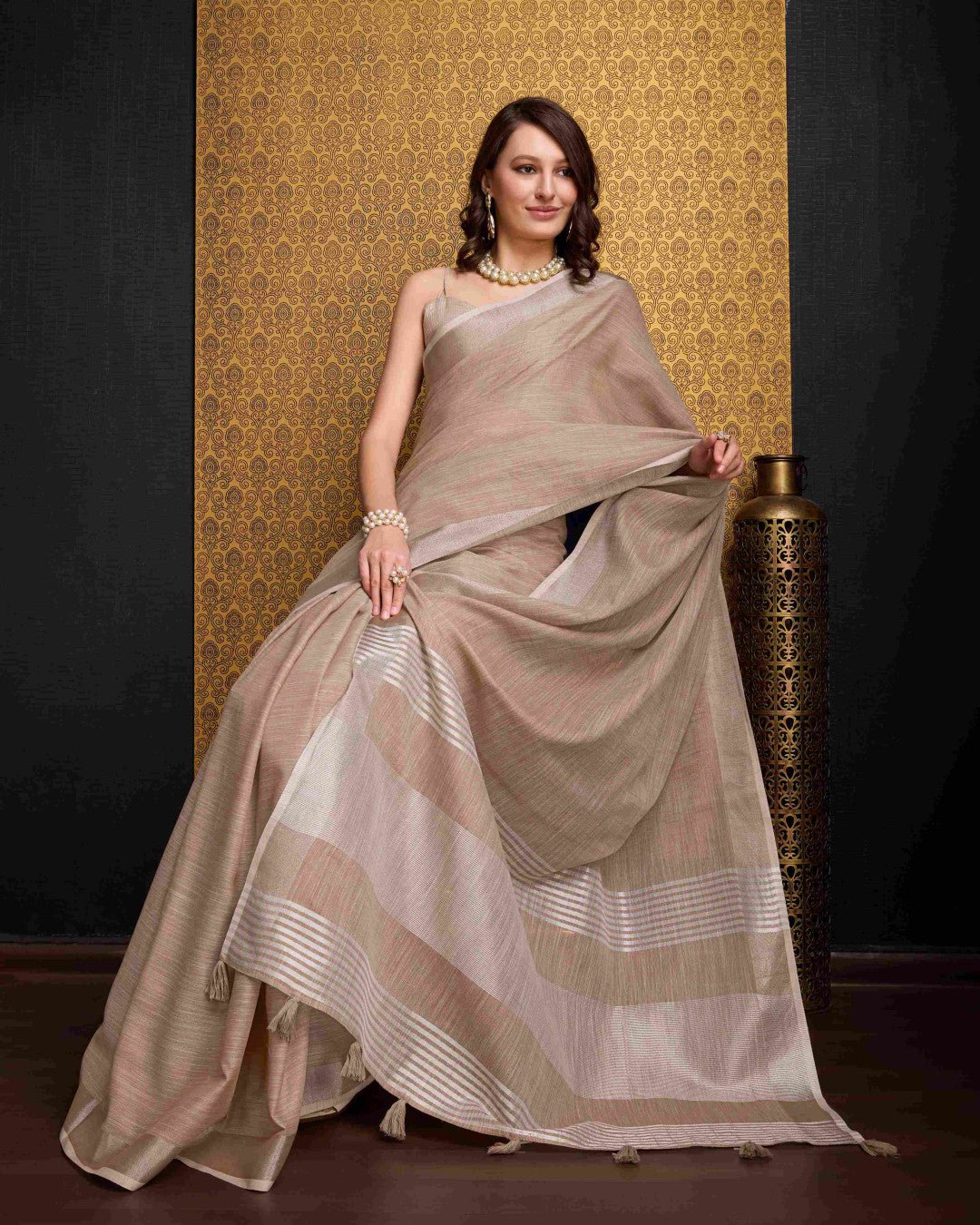 Light Brown linen cotton saree with silver zari border - Classic to Modern