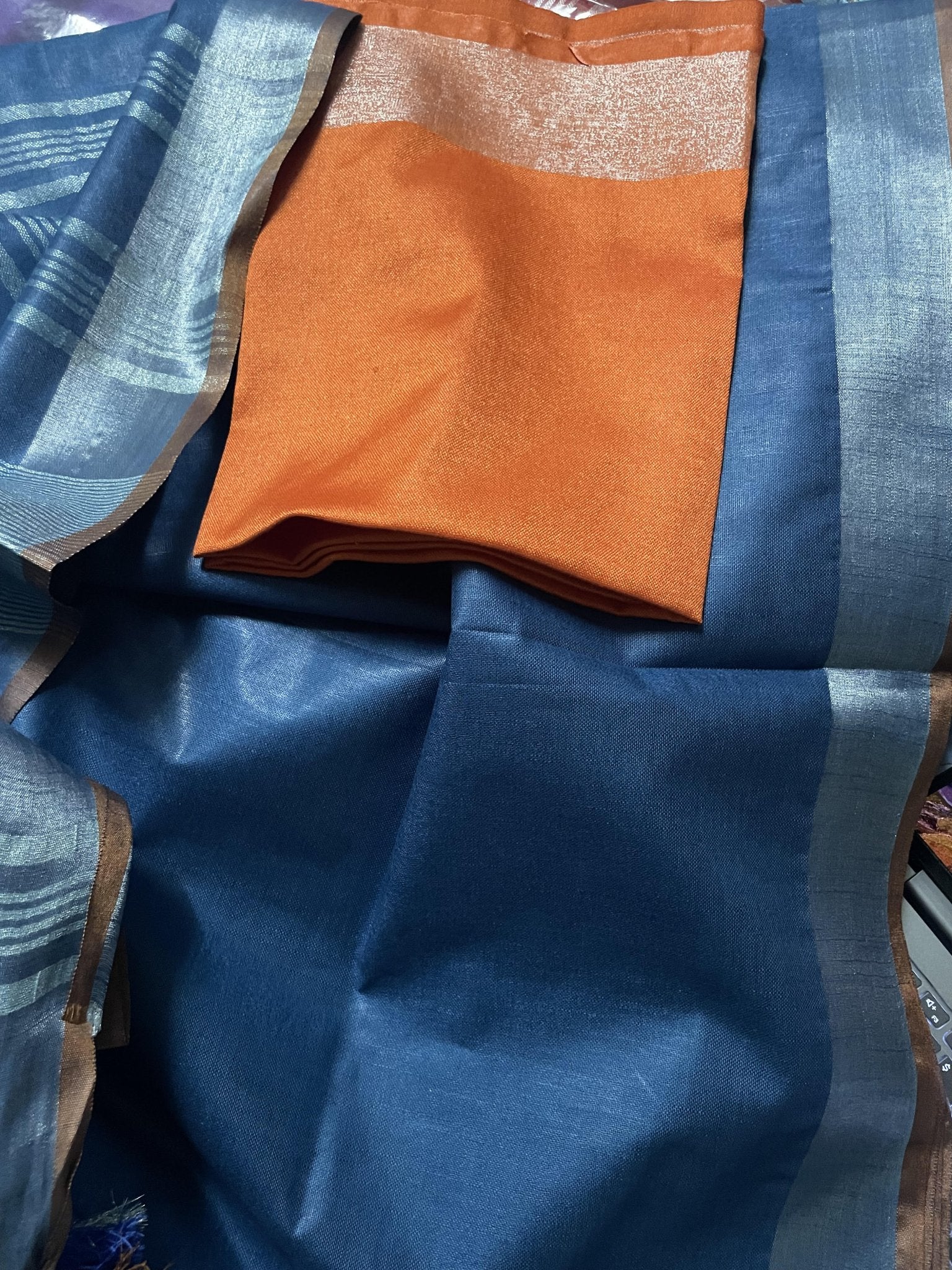 Linen Blue Saree with Orange Blouse - Classic to Modern