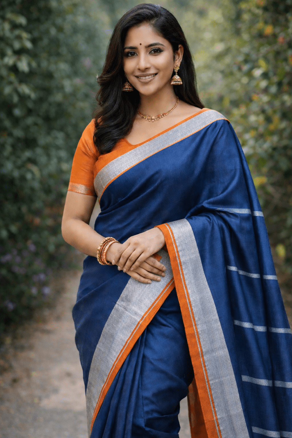 Linen Blue Saree with Orange Blouse - Classic to Modern
