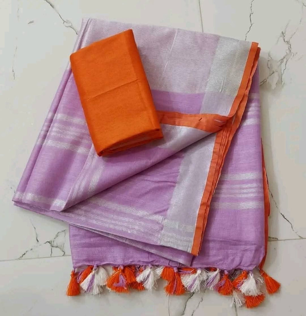 Linen - Pink Lavender with Orange Blouse Saree - Classic to Modern