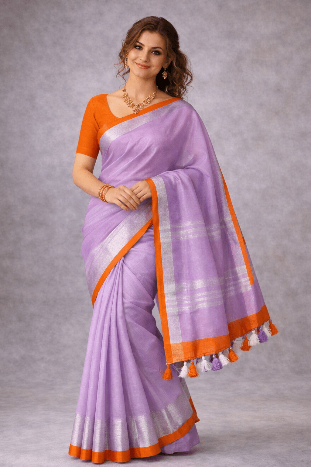 Linen - Pink Lavender with Orange Blouse Saree - Classic to Modern