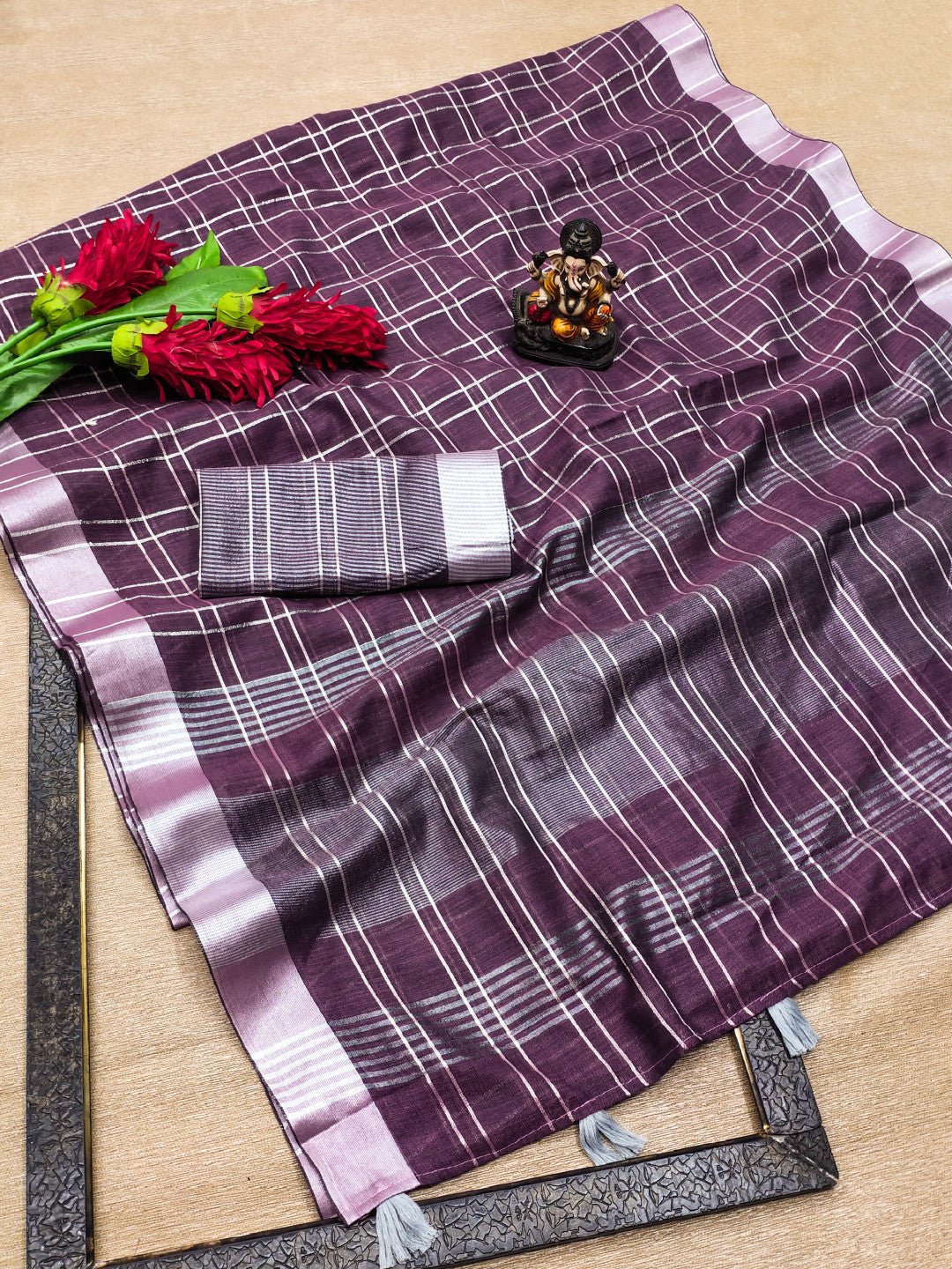 Magenta linen cotton saree with silver zari border - Classic to Modern