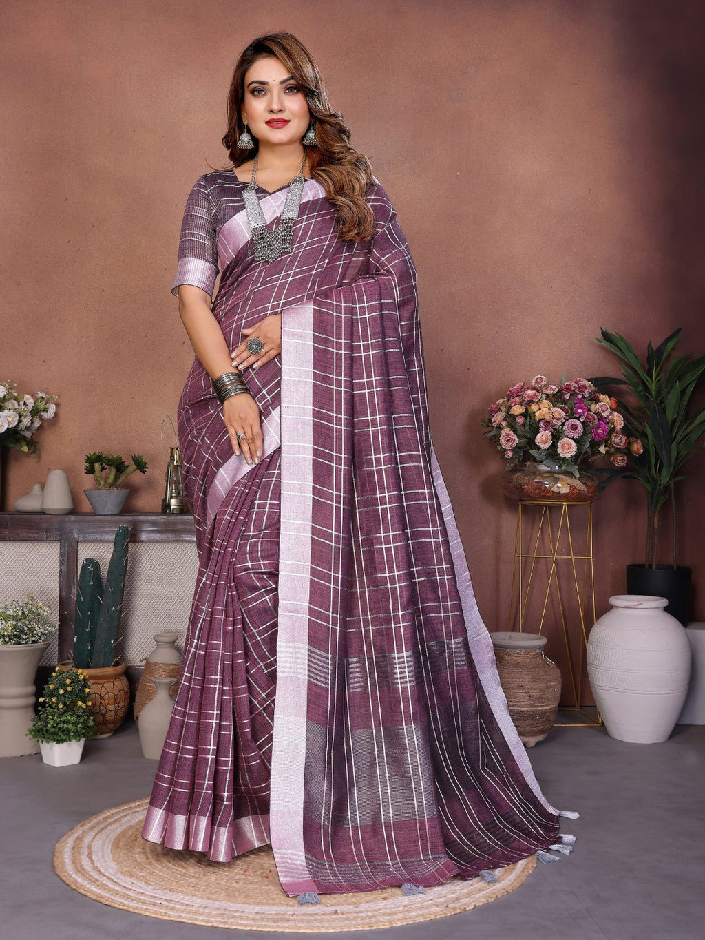 Magenta linen cotton saree with silver zari border - Classic to Modern