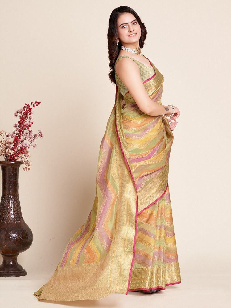 Multi color soft organza silk saree with golden zari weaving work - Classic to Modern
