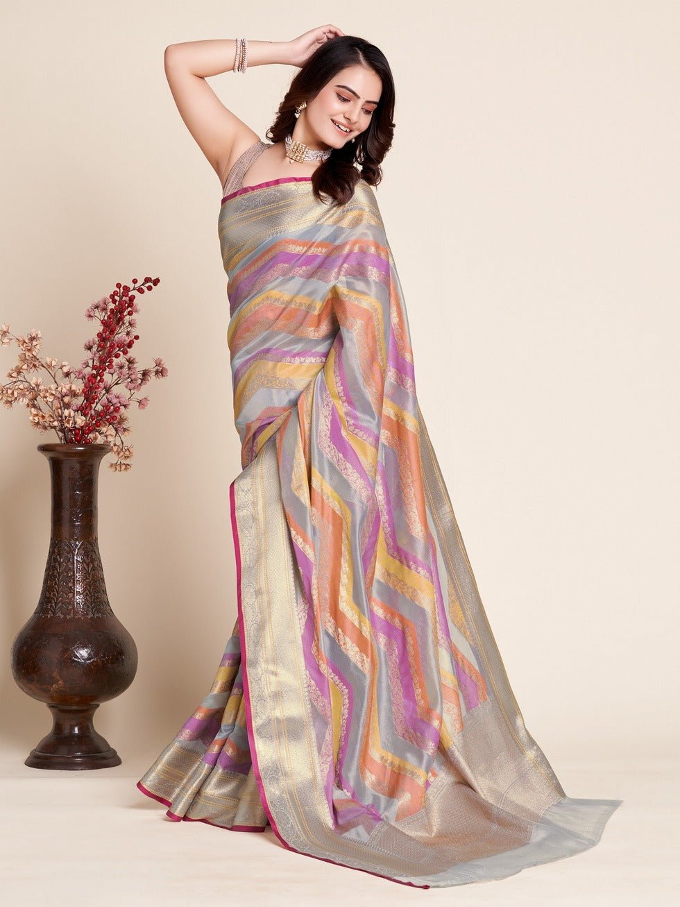 Multi color soft organza silk saree with silver zari weaving work - Classic to Modern