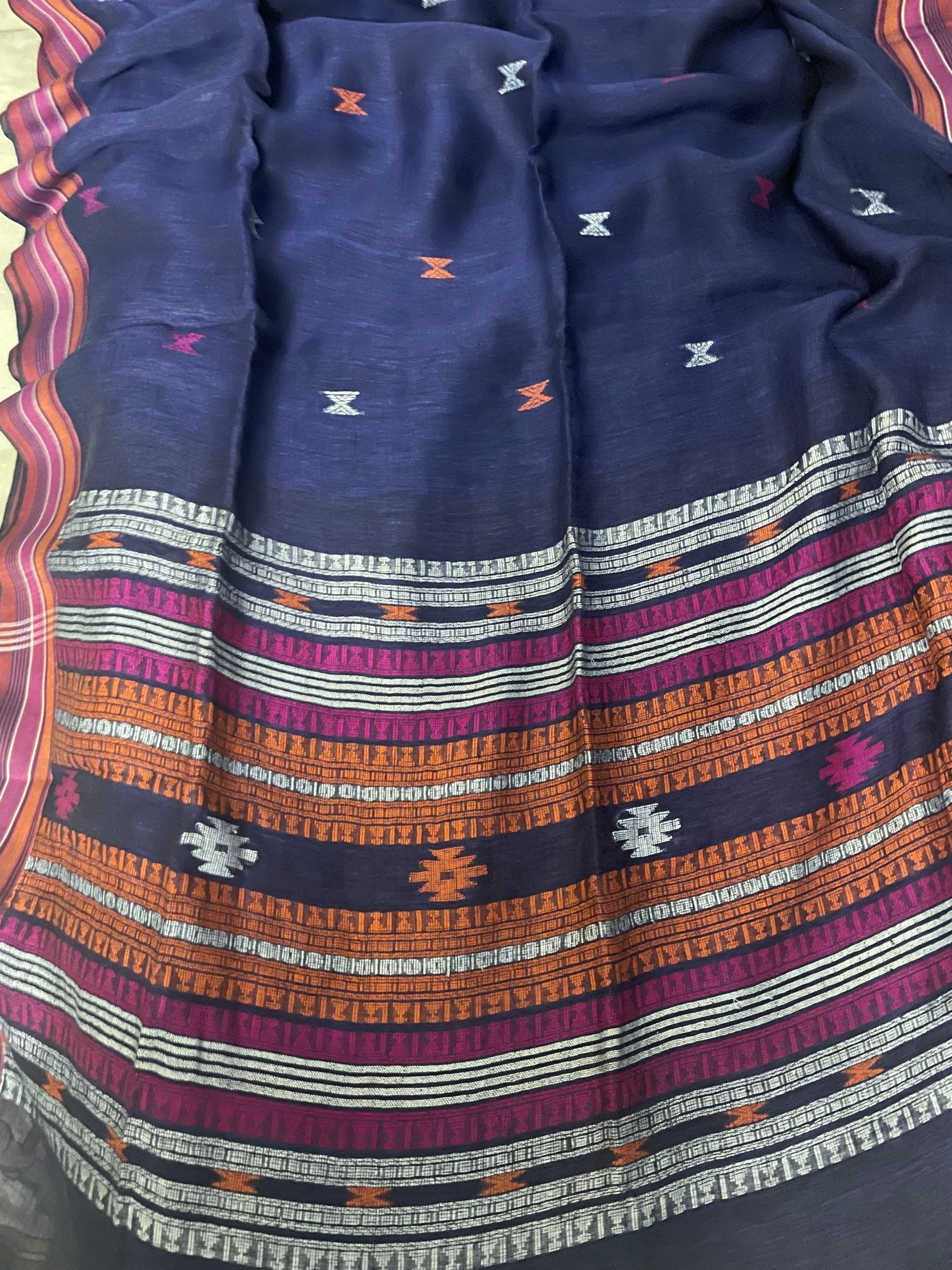 Navy blue Linen Bhujodi Saree - Classic to Modern