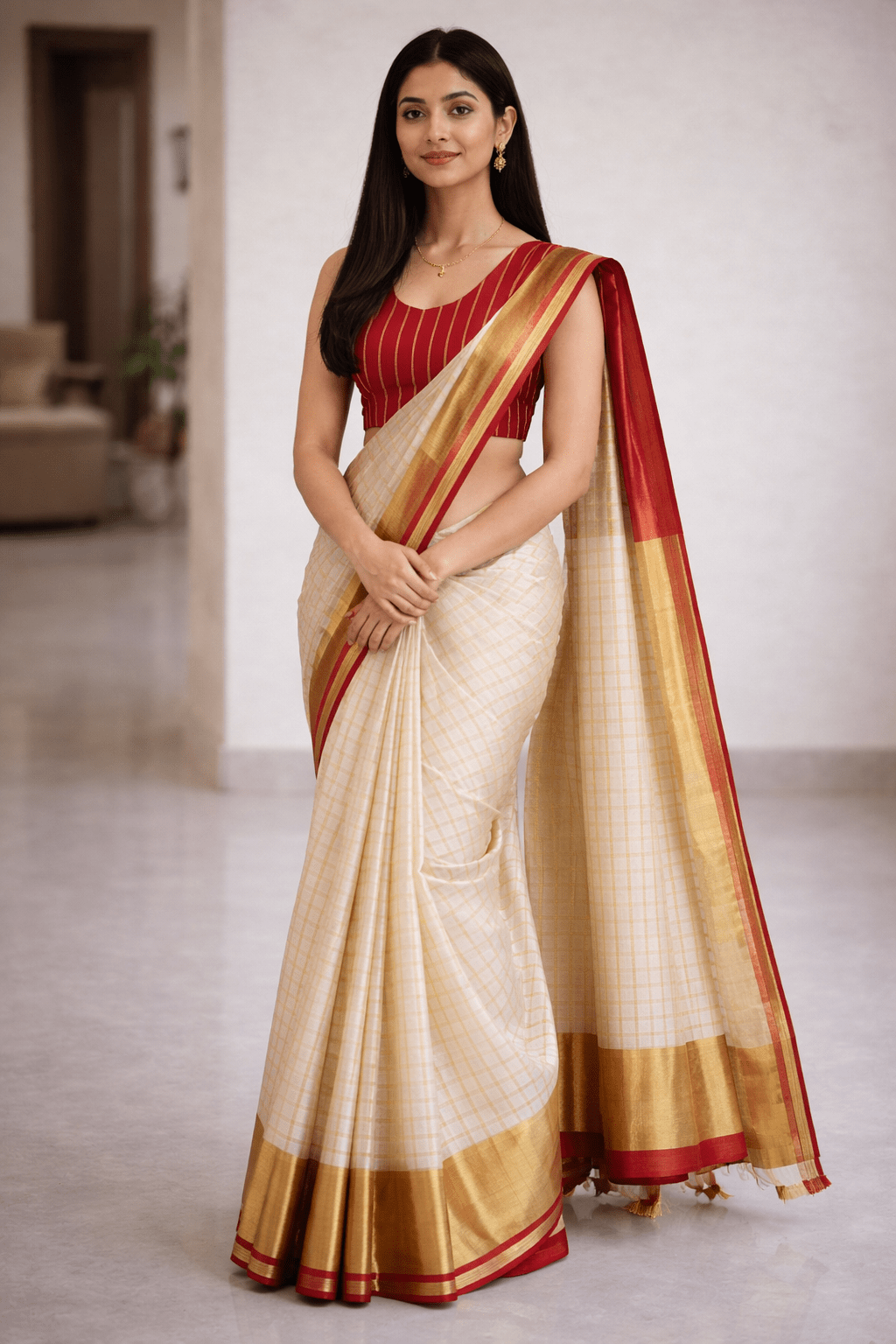 Off White Golden Checked linen saree - Classic to Modern
