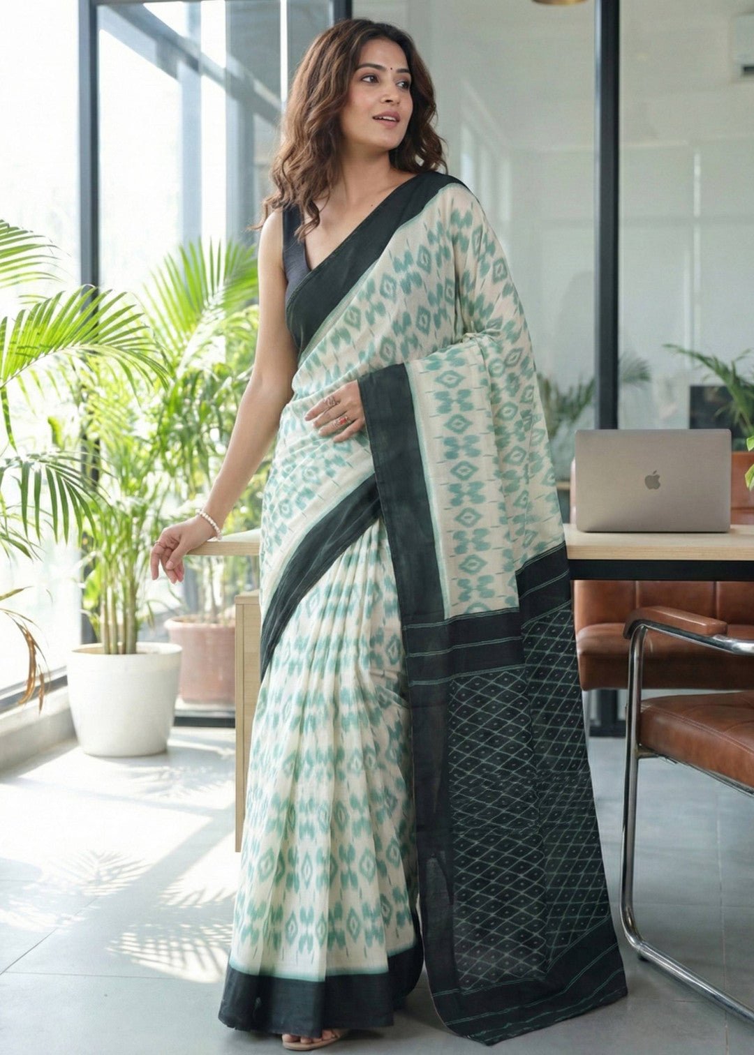 Off White with Teal soft cotton saree with jaipur block printed work - Classic to Modern