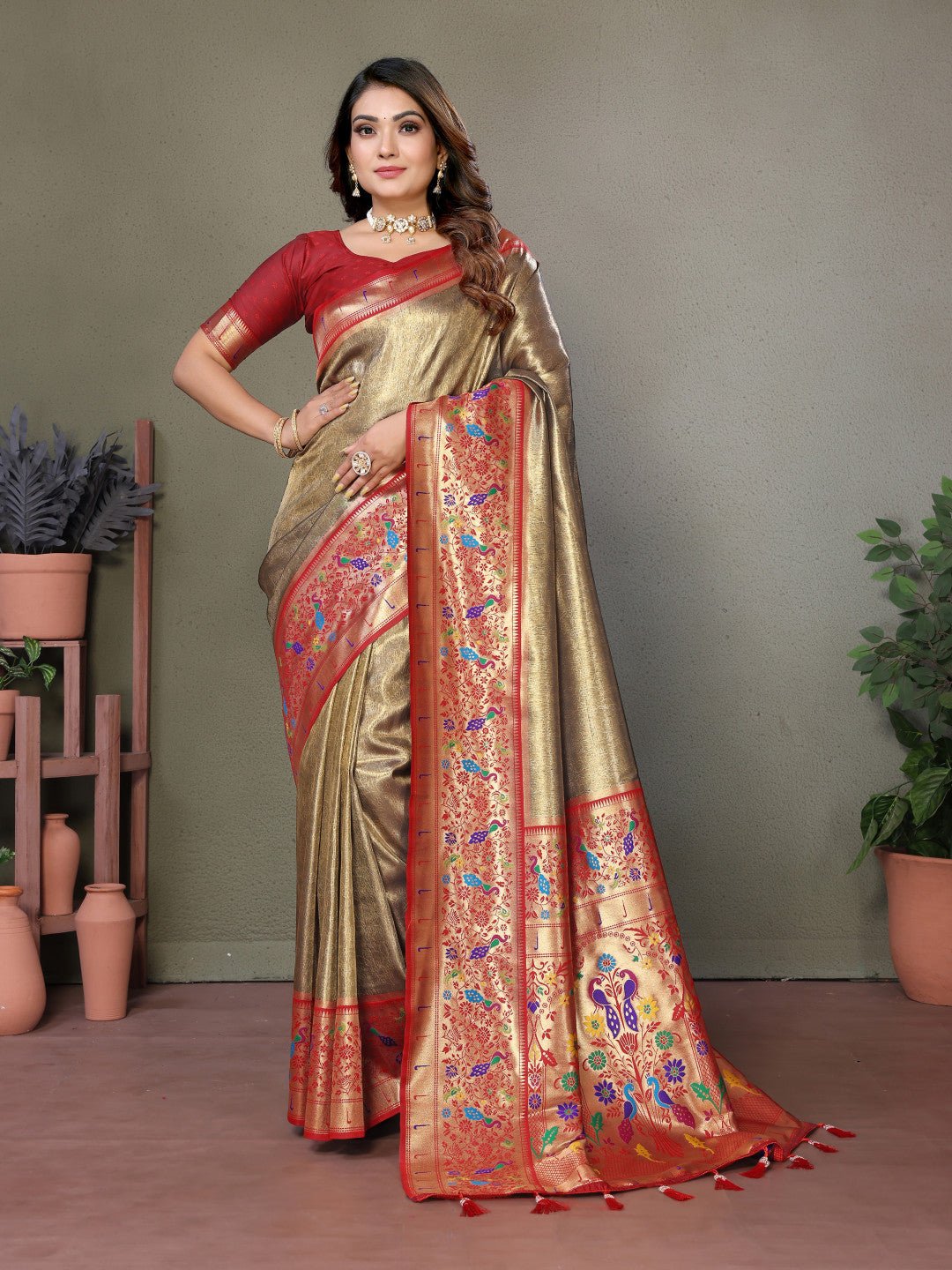 Olive green Kanjivaram type paithani tissue silk saree with zari weaving work - Classic to Modern