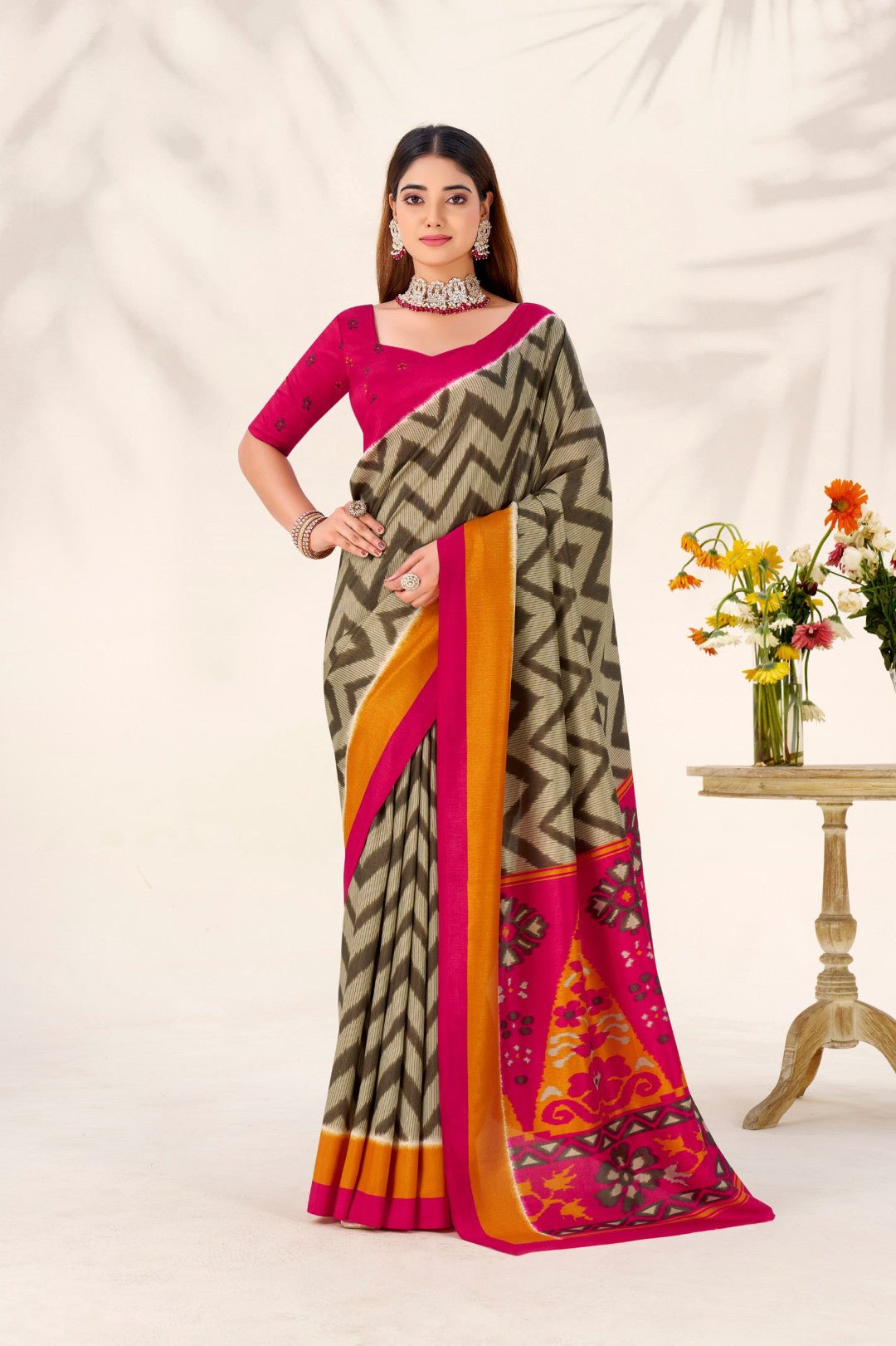 Olive Green soft tussar silk saree with printed work - Classic to Modern