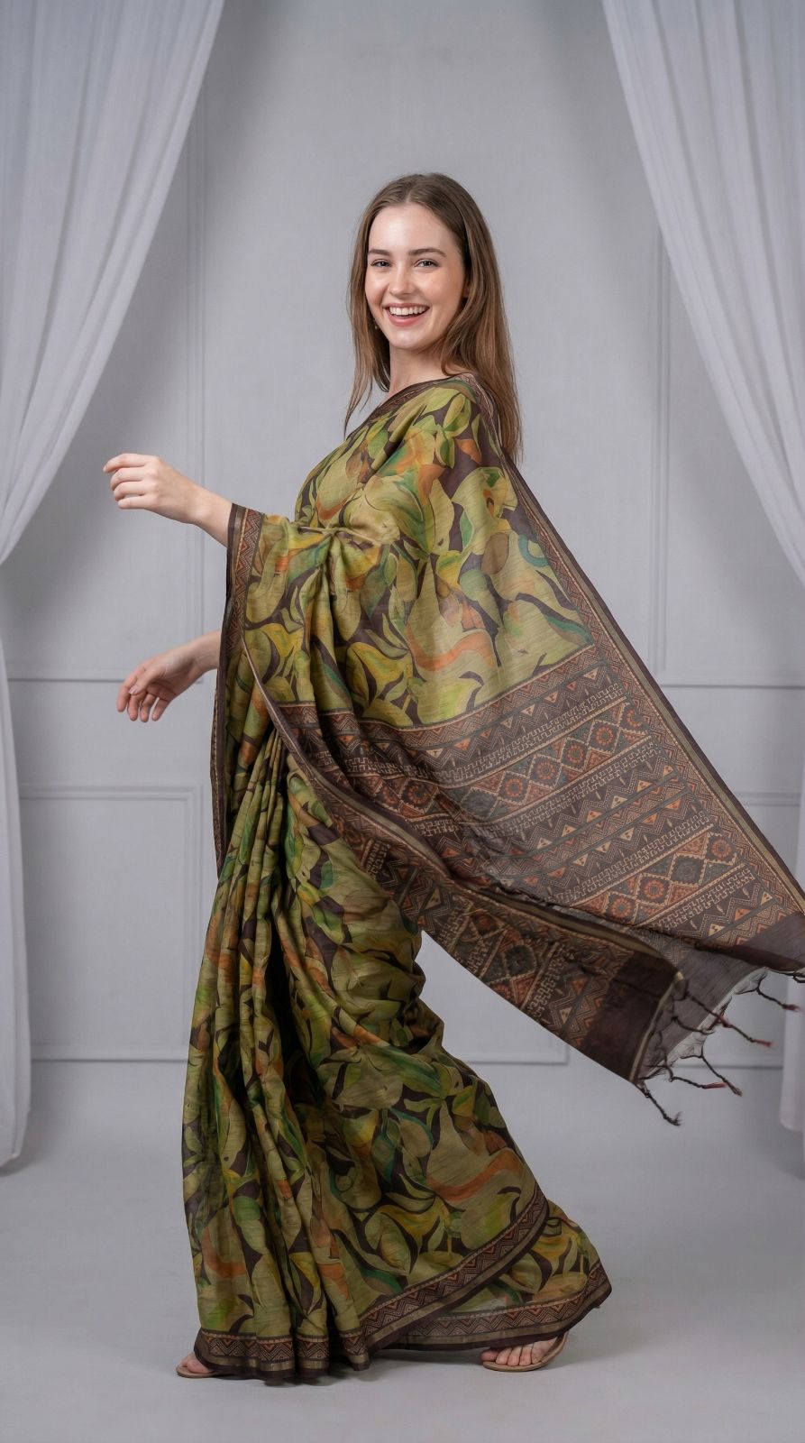 Olive Green with dark brown soft tussar silk saree with digital printed work - Classic to Modern