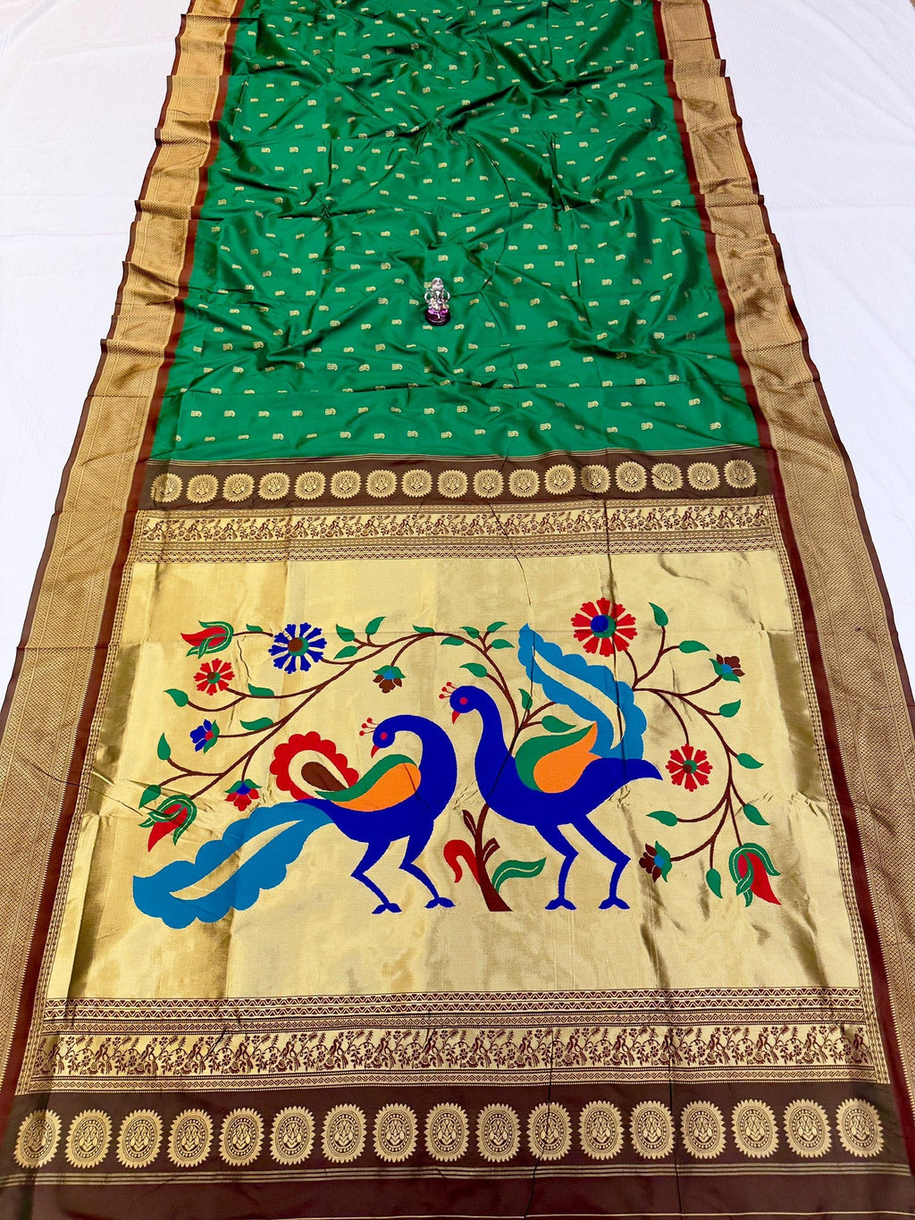 Paithani Silk Saree - Green with brown border - Classic to Modern