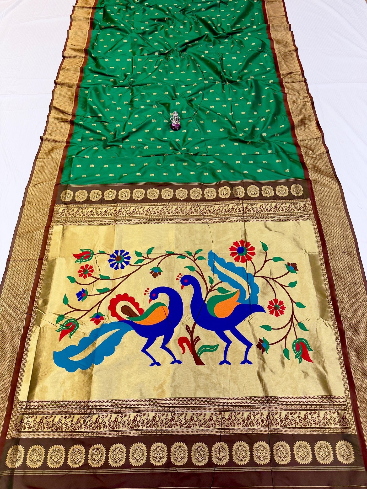 Paithani Silk Saree - Green with brown border - Classic to Modern