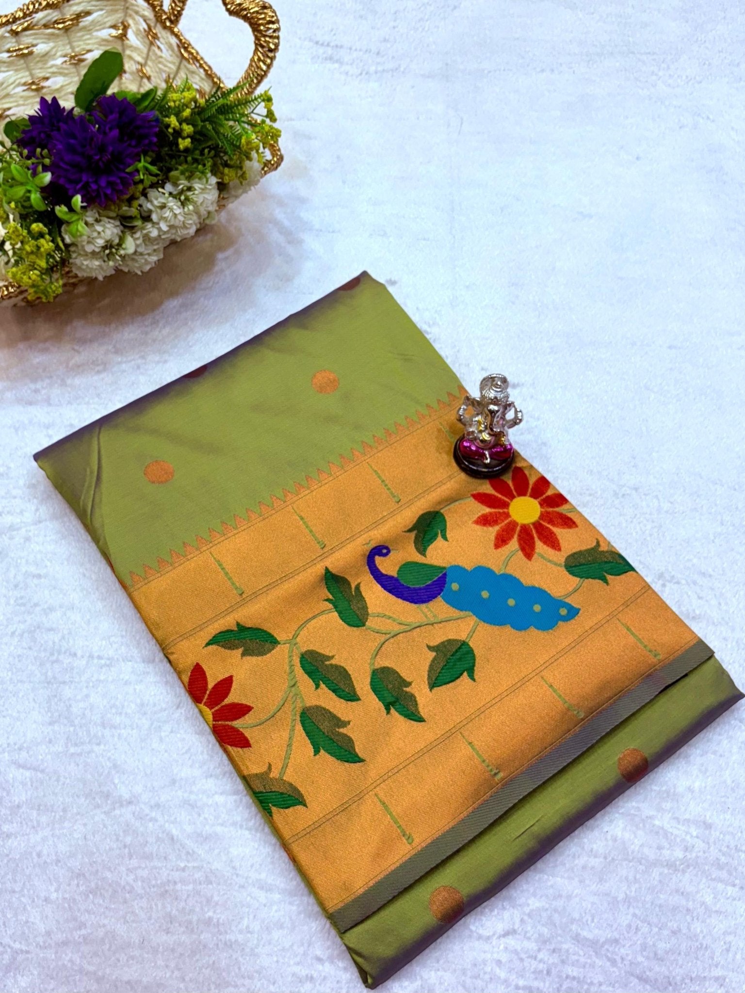 Paithani Silk Saree - Light Green Golden double shaded saree - Classic to Modern