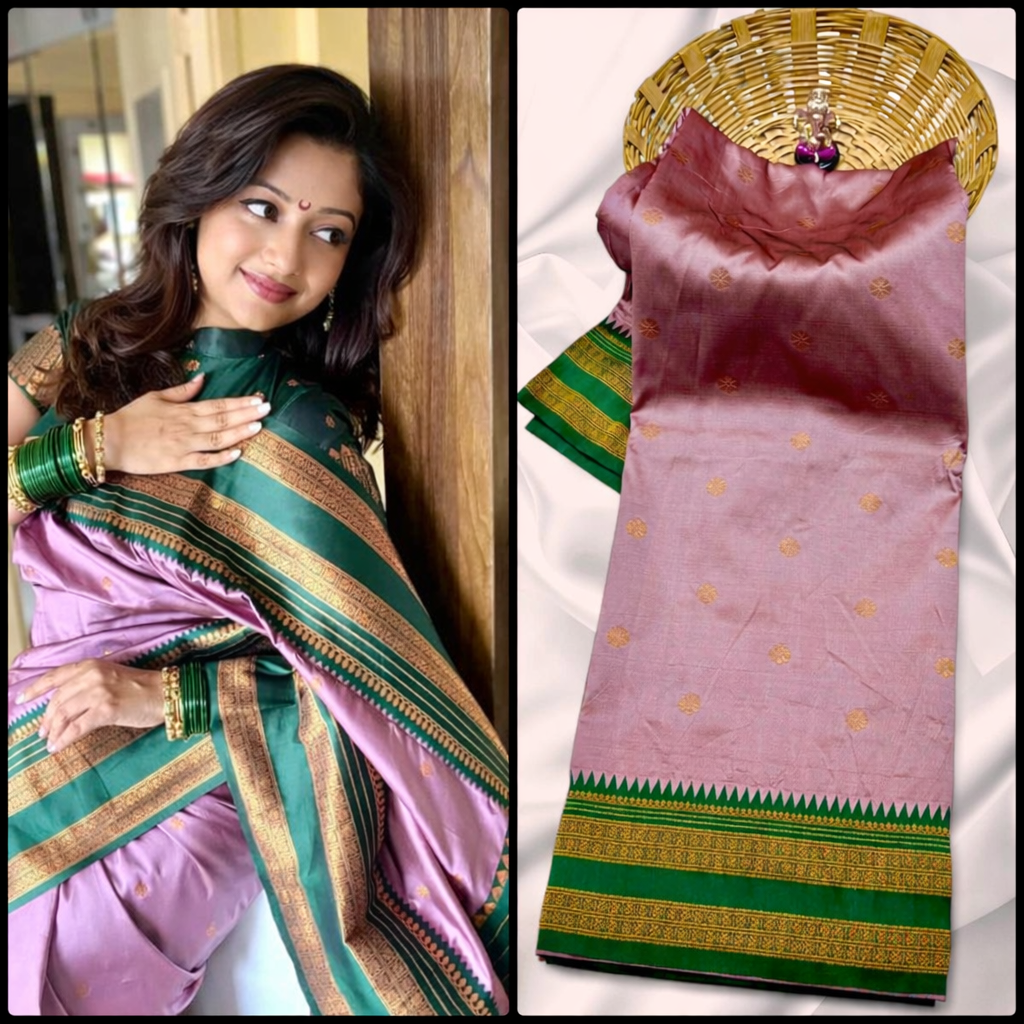 Paithani Silk Saree Light Onion pink with Green Border - Classic to Modern