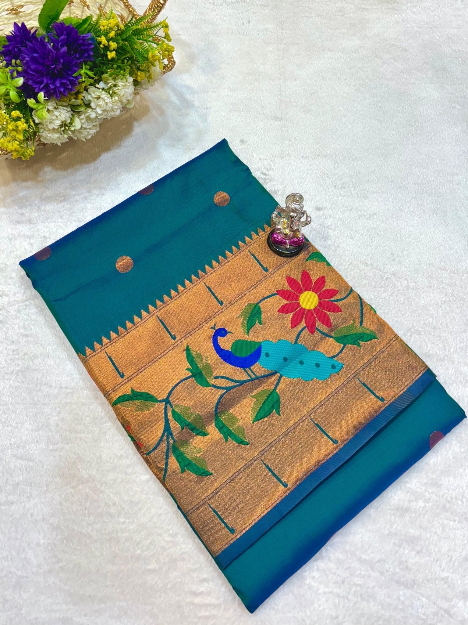 Paithani Silk Saree - Peacock blue copper border double shaded saree - Classic to Modern