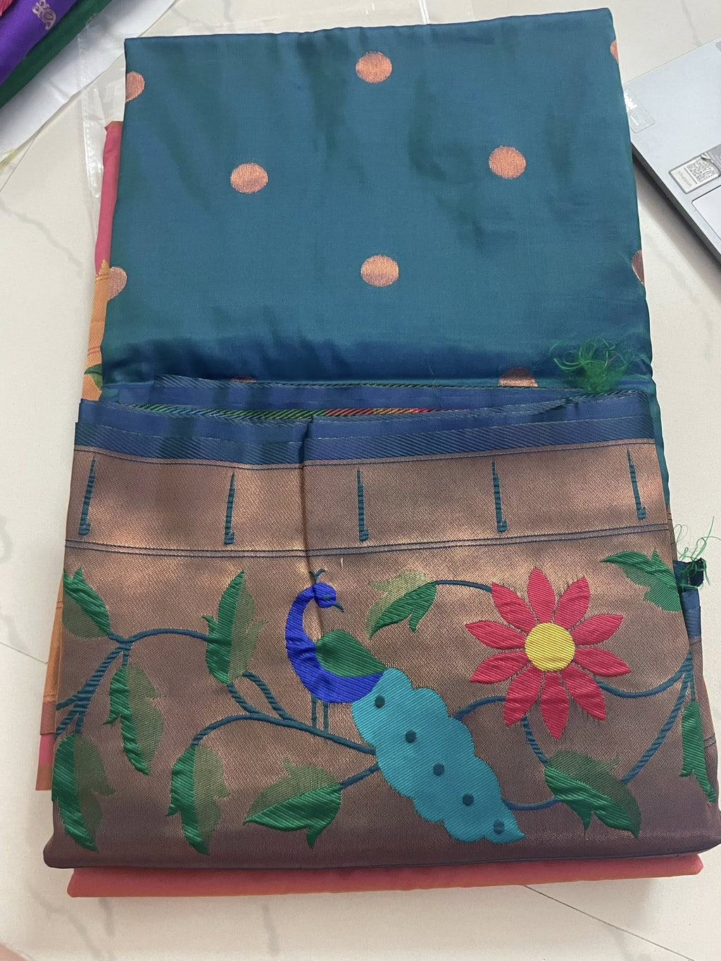 Paithani Silk Saree - Peacock blue copper border double shaded saree - Classic to Modern