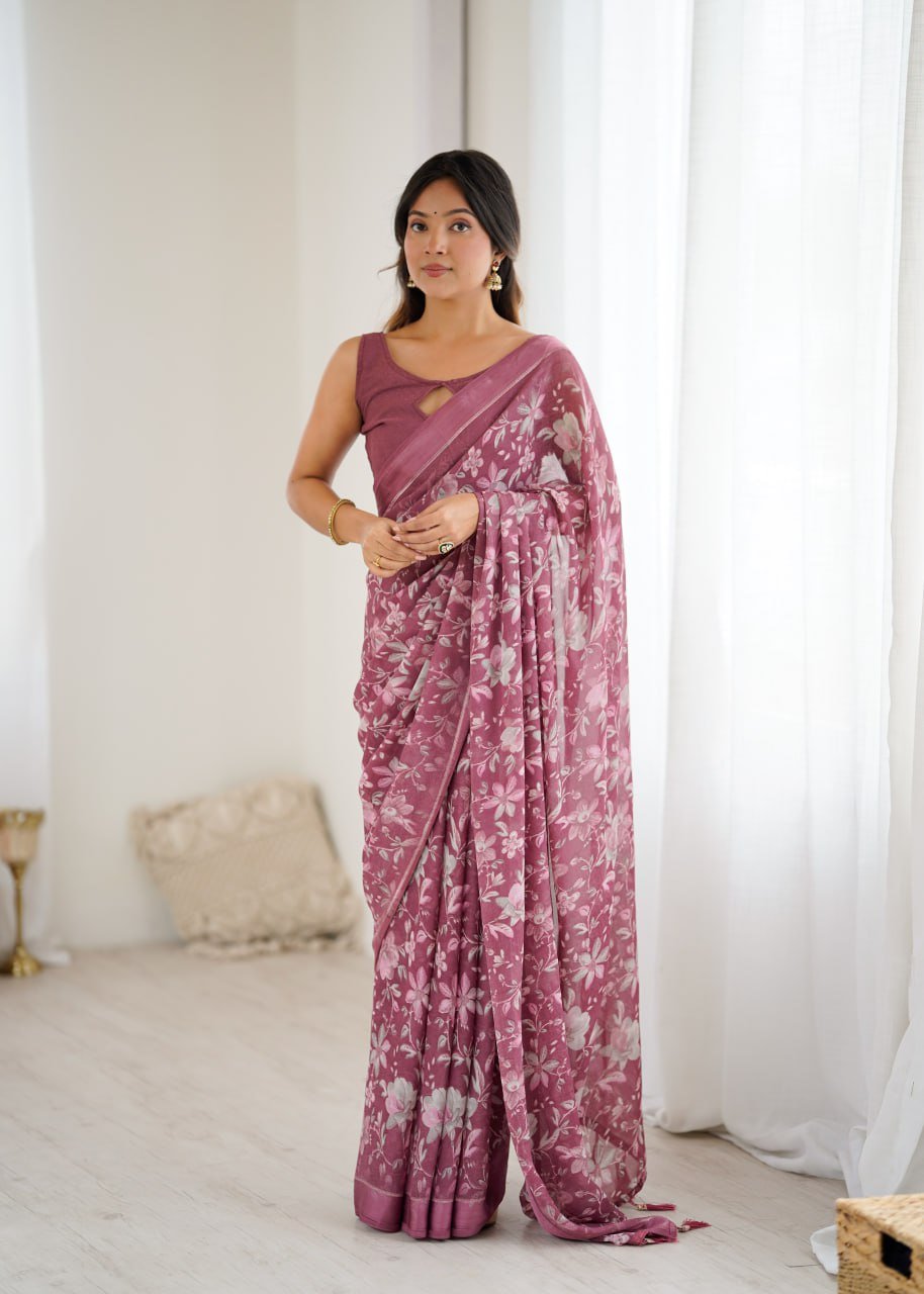 Pink colour linen cotton saree with flower digital printed work - Classic to Modern