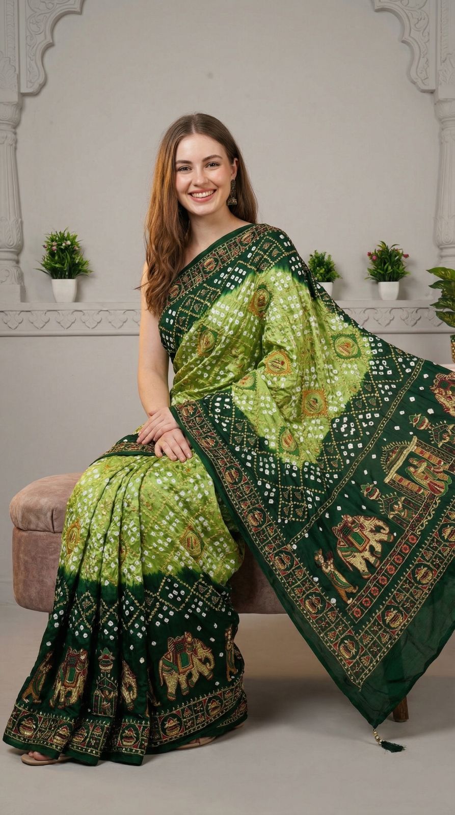 Pista Green bandhej silk saree with embroidery work - Classic to Modern
