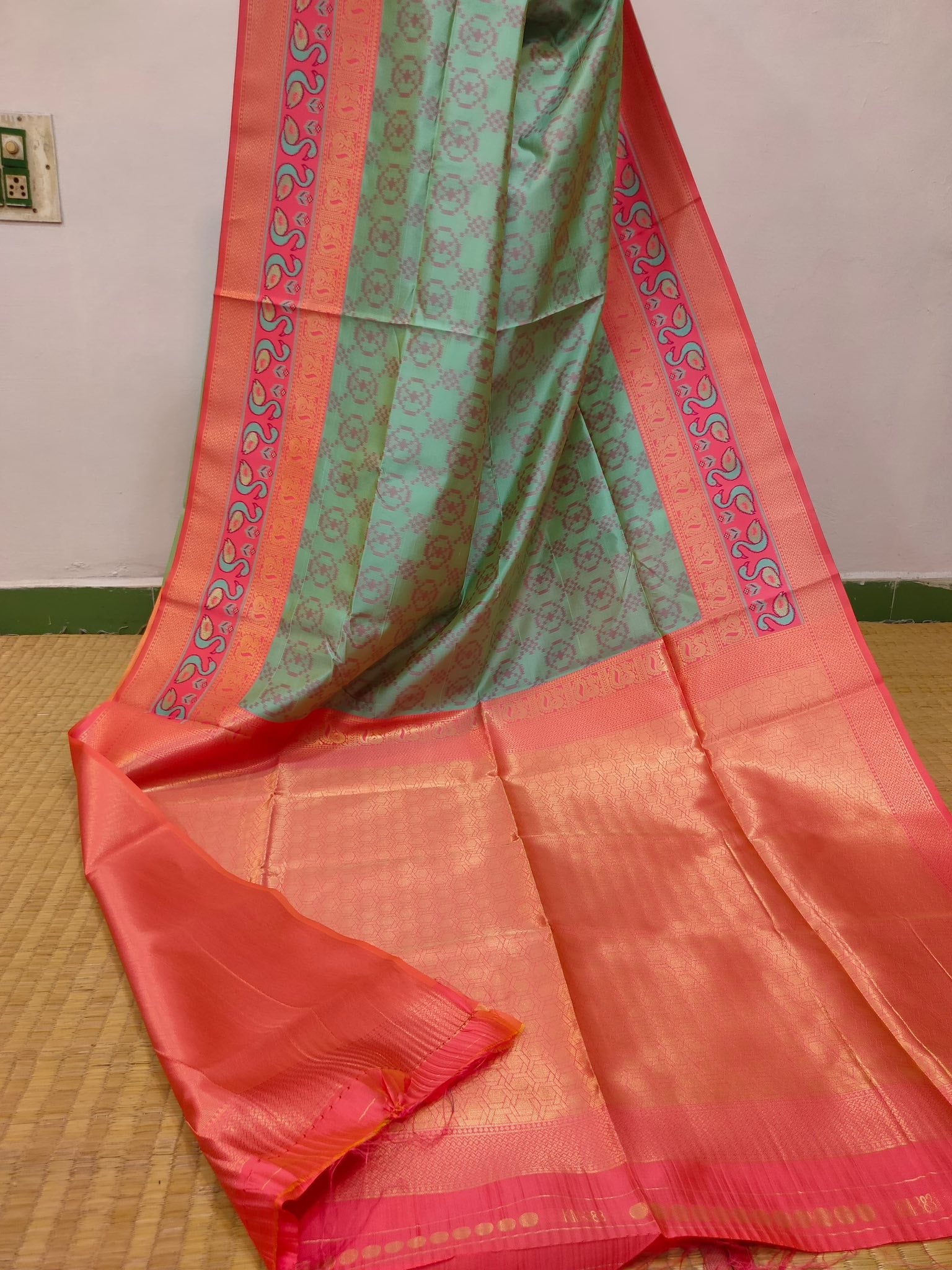 Poochampally ikkat soft silk pink with blue border sareee - Classic to Modern