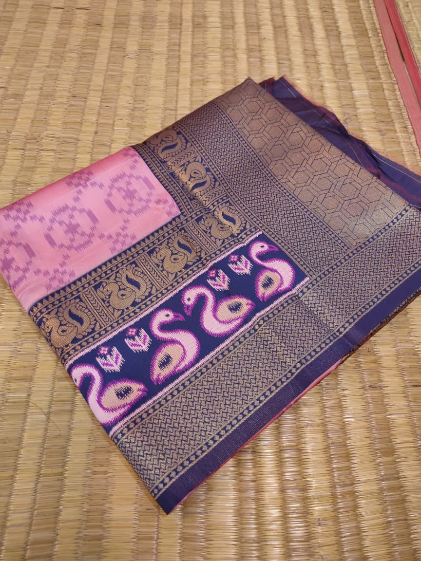 Poochampally Ikkat Soft silk saree - Pink with Blue border - Pochampally Ikkat - Classic to Modern