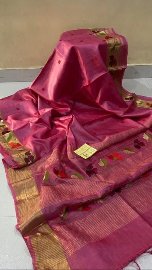 Rani Pinkish Peach Tussar Silk Saree with Gold Zari - Classic to Modern