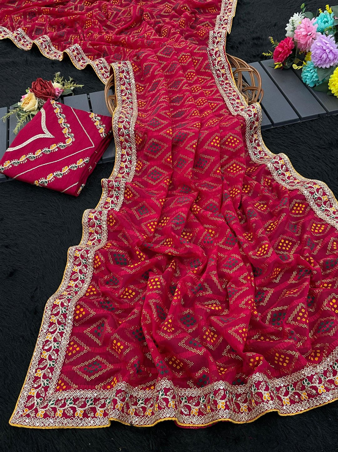 Red bandhani saree with designer border - Classic to Modern