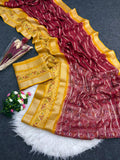 Red bandhani saree with dola jarvi jacquard work - Classic to Modern