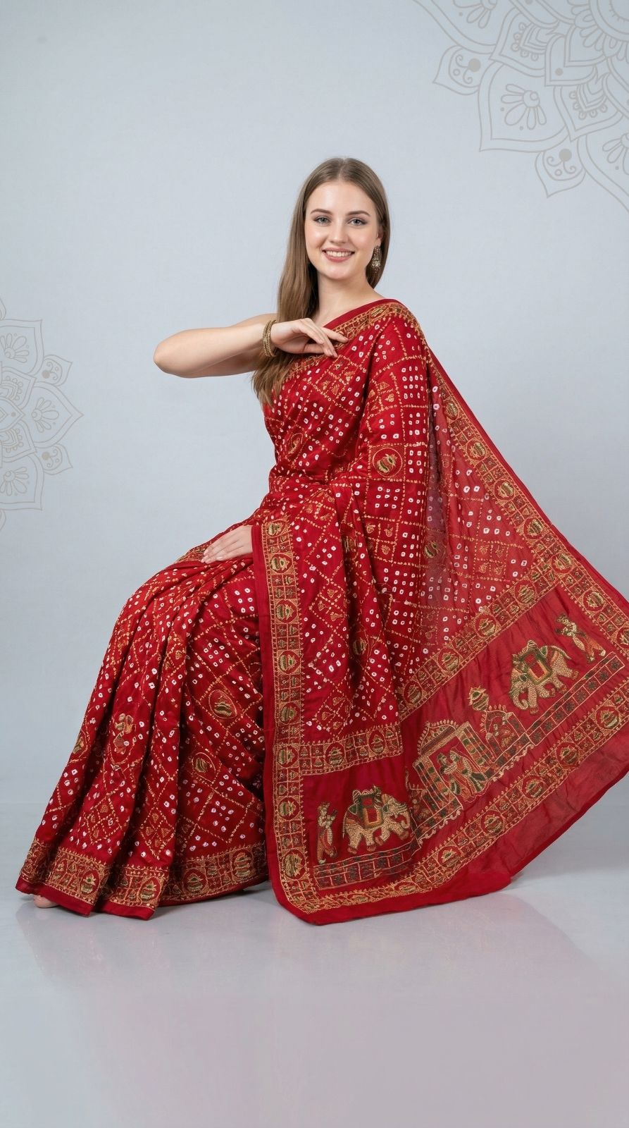 Red colour bandhej silk saree with embroidery work - Classic to Modern