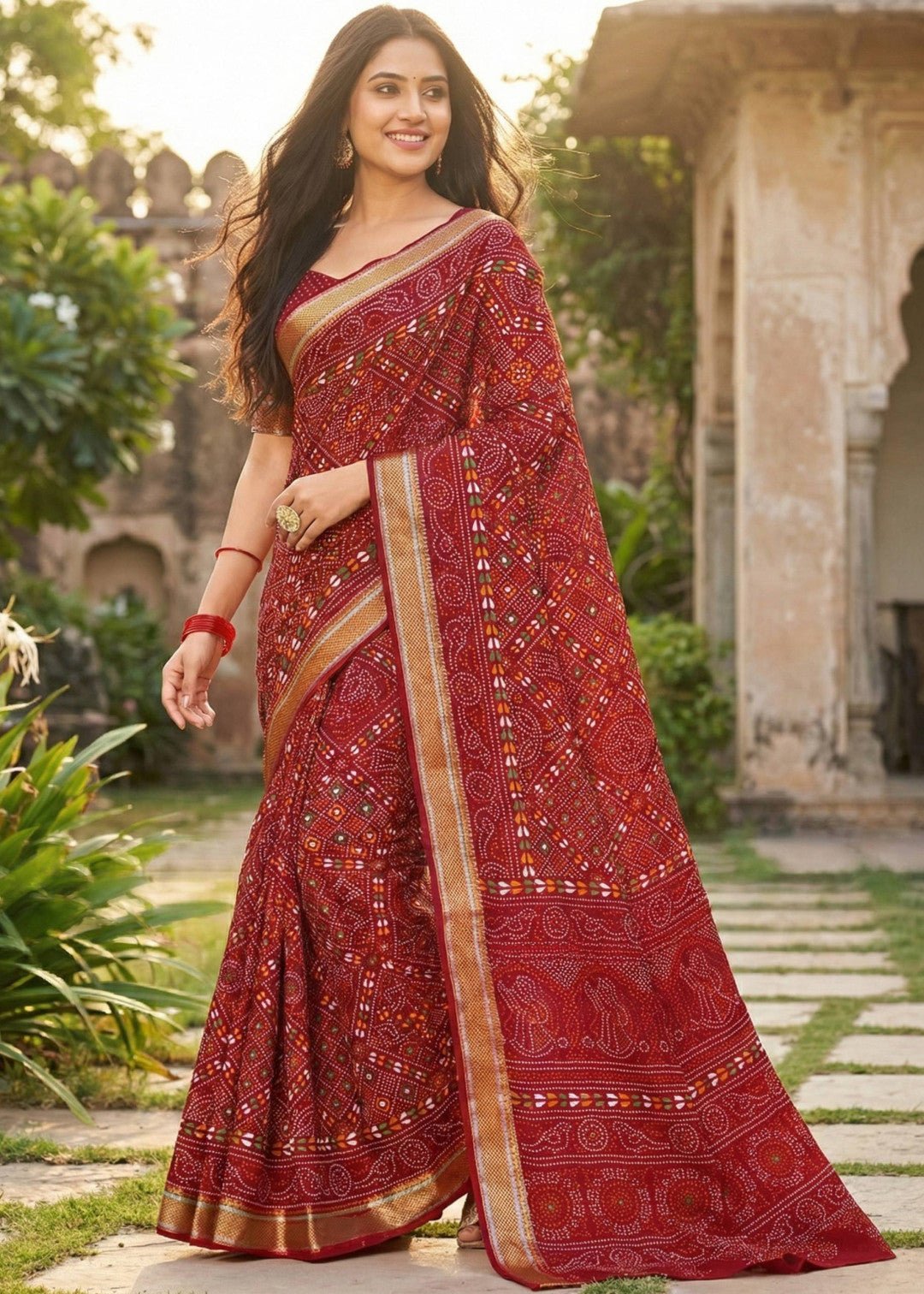 Red soft mulmul cotton saree with bandhej printed work - Classic to Modern