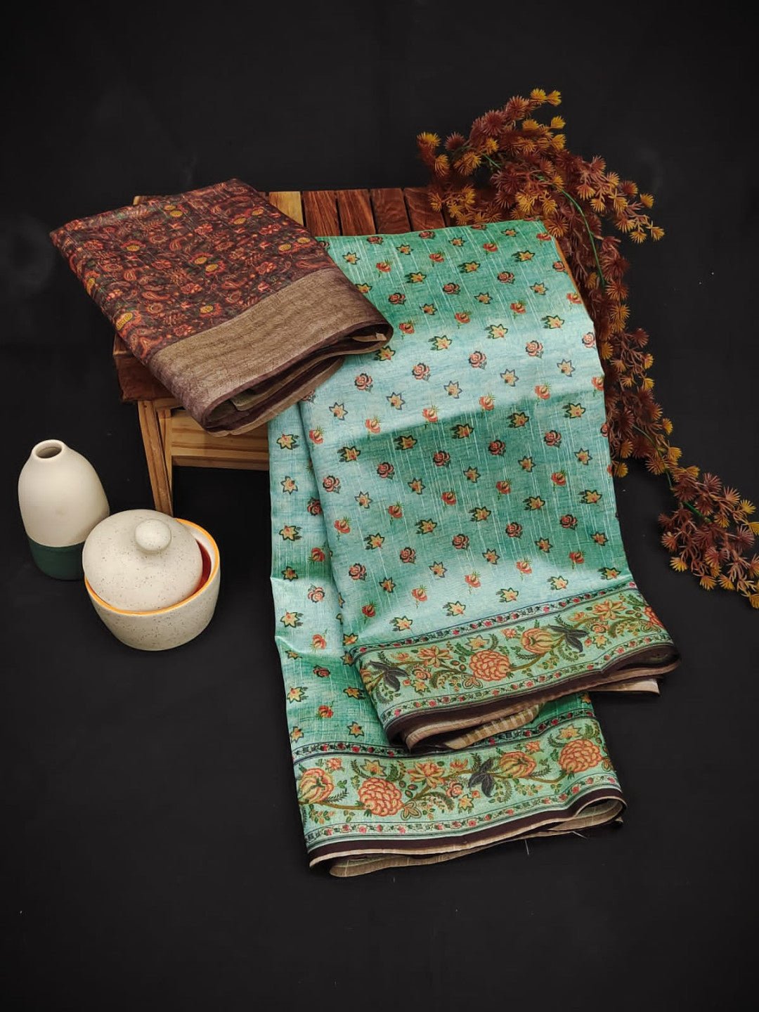 Sea green color tussar silk saree with floral digital printed work - Classic to Modern