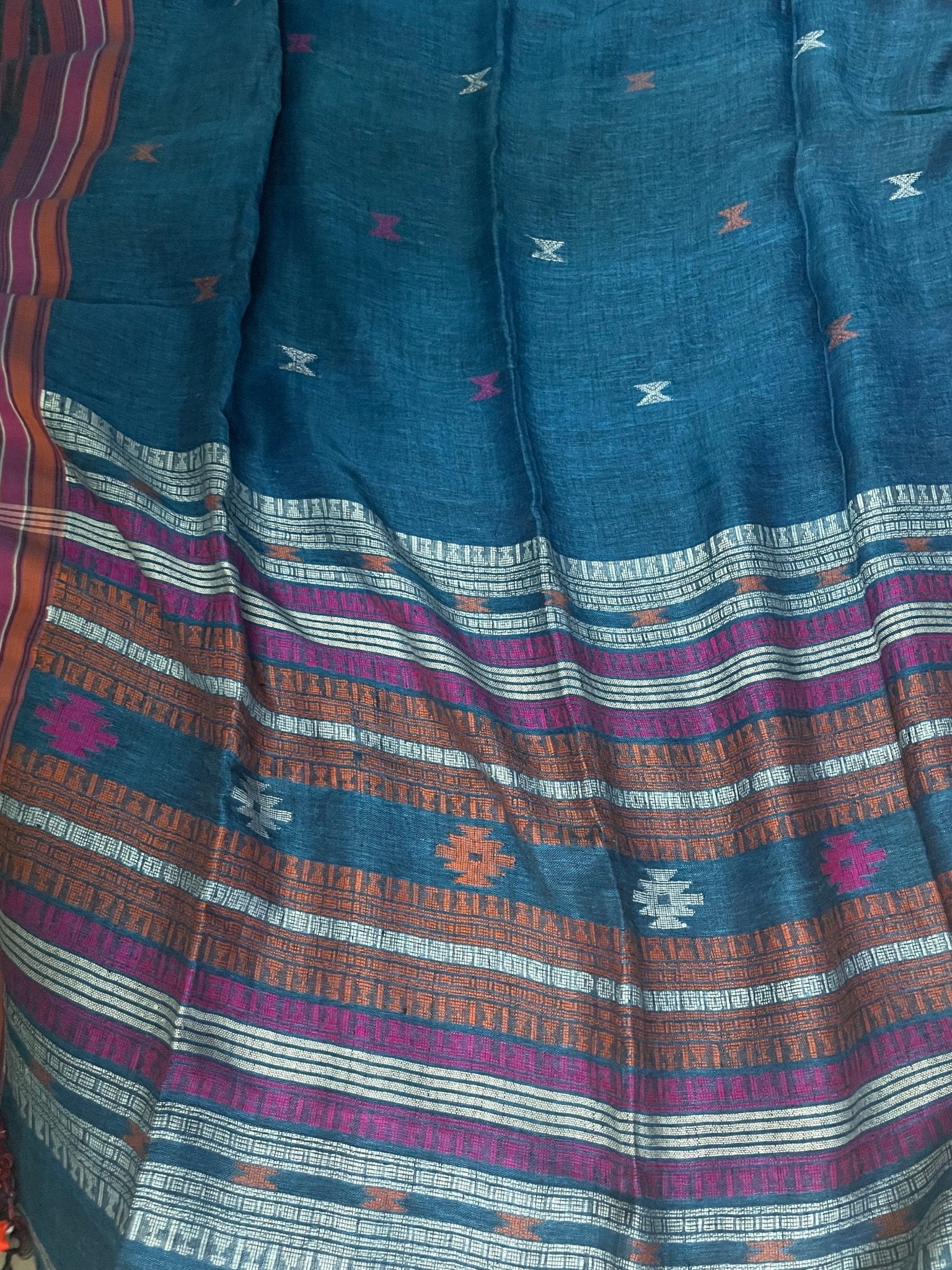 Teal Blue Linen Bhujodi saree - Classic to Modern