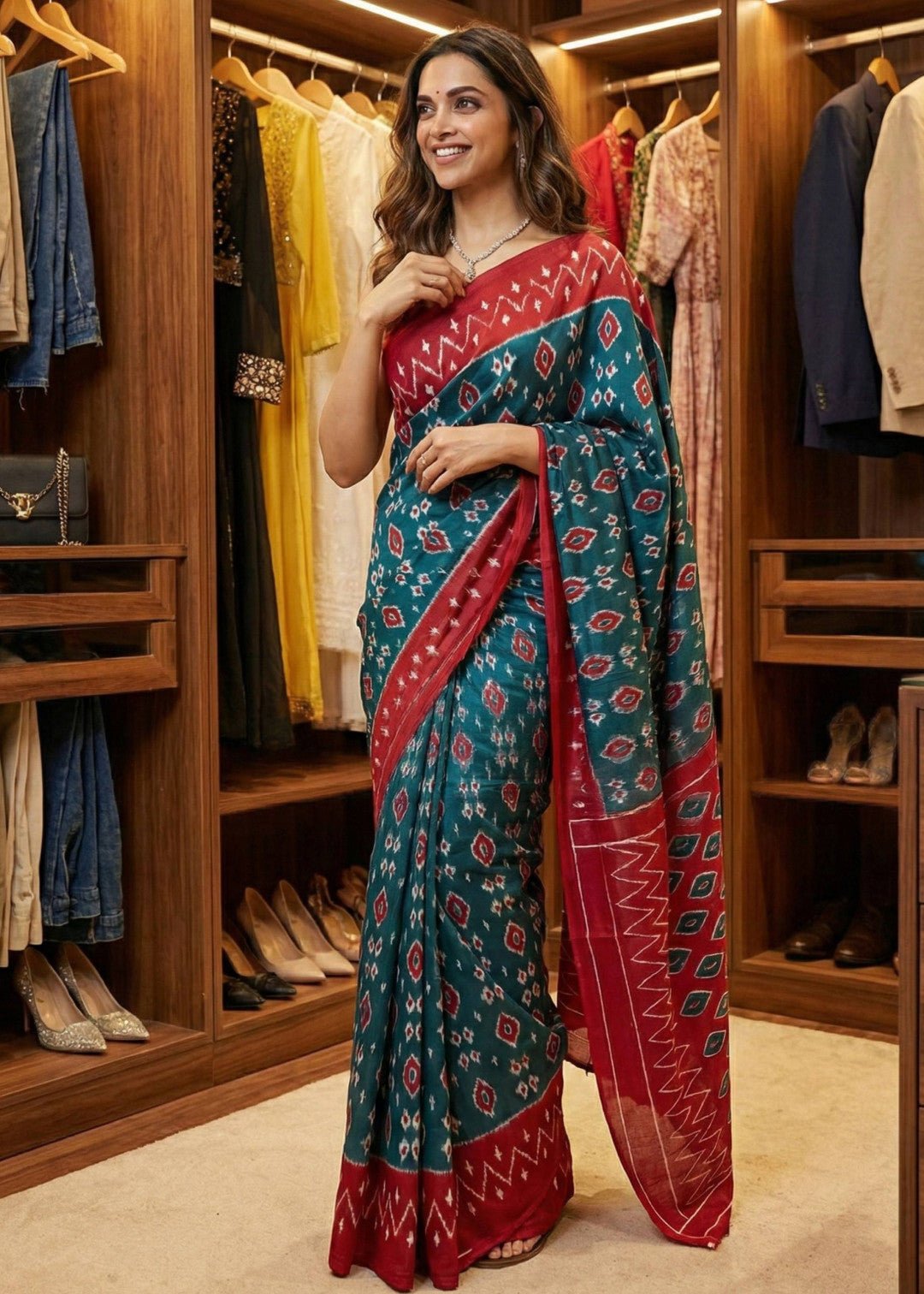 Teal with Red soft cotton saree with jaipur block printed work - Classic to Modern