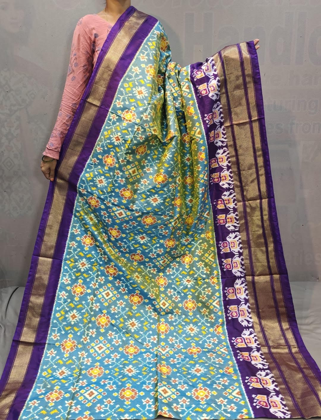 Turquoise with violet border pure ikkat silk saree - Classic to Modern