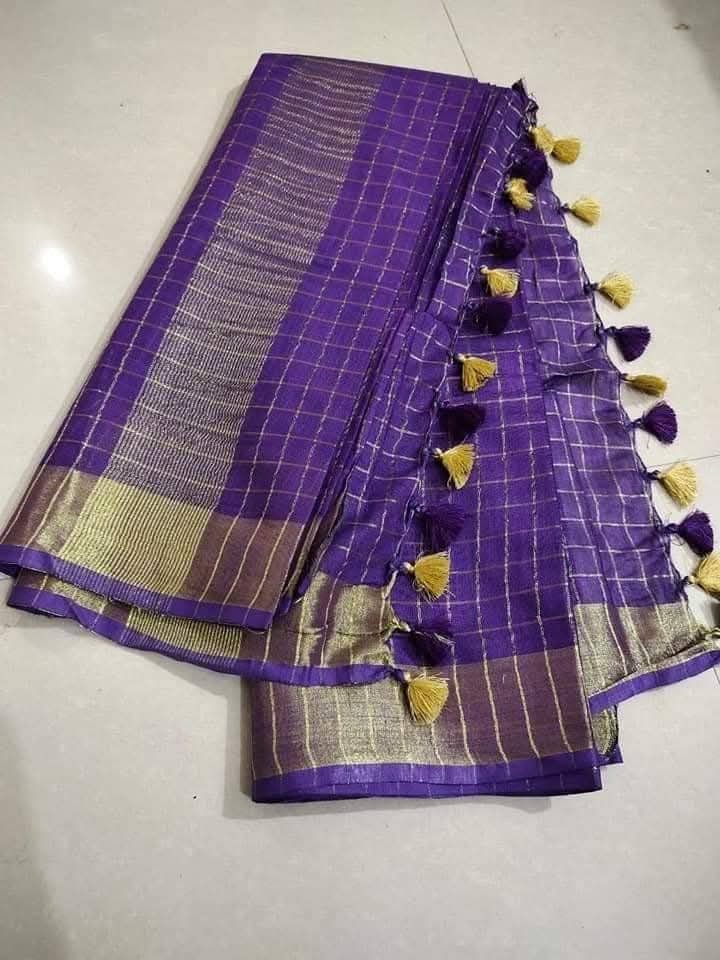 Violet Golden Checked Pure Linen Saree - Classic to Modern