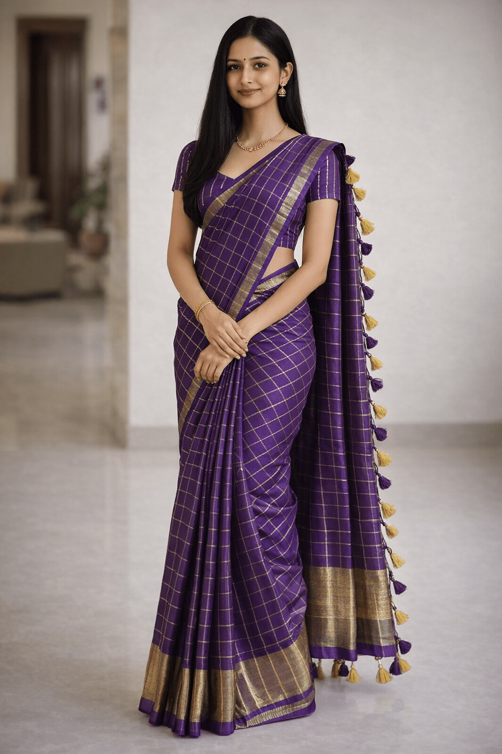 Violet Golden Checked Pure Linen Saree - Classic to Modern