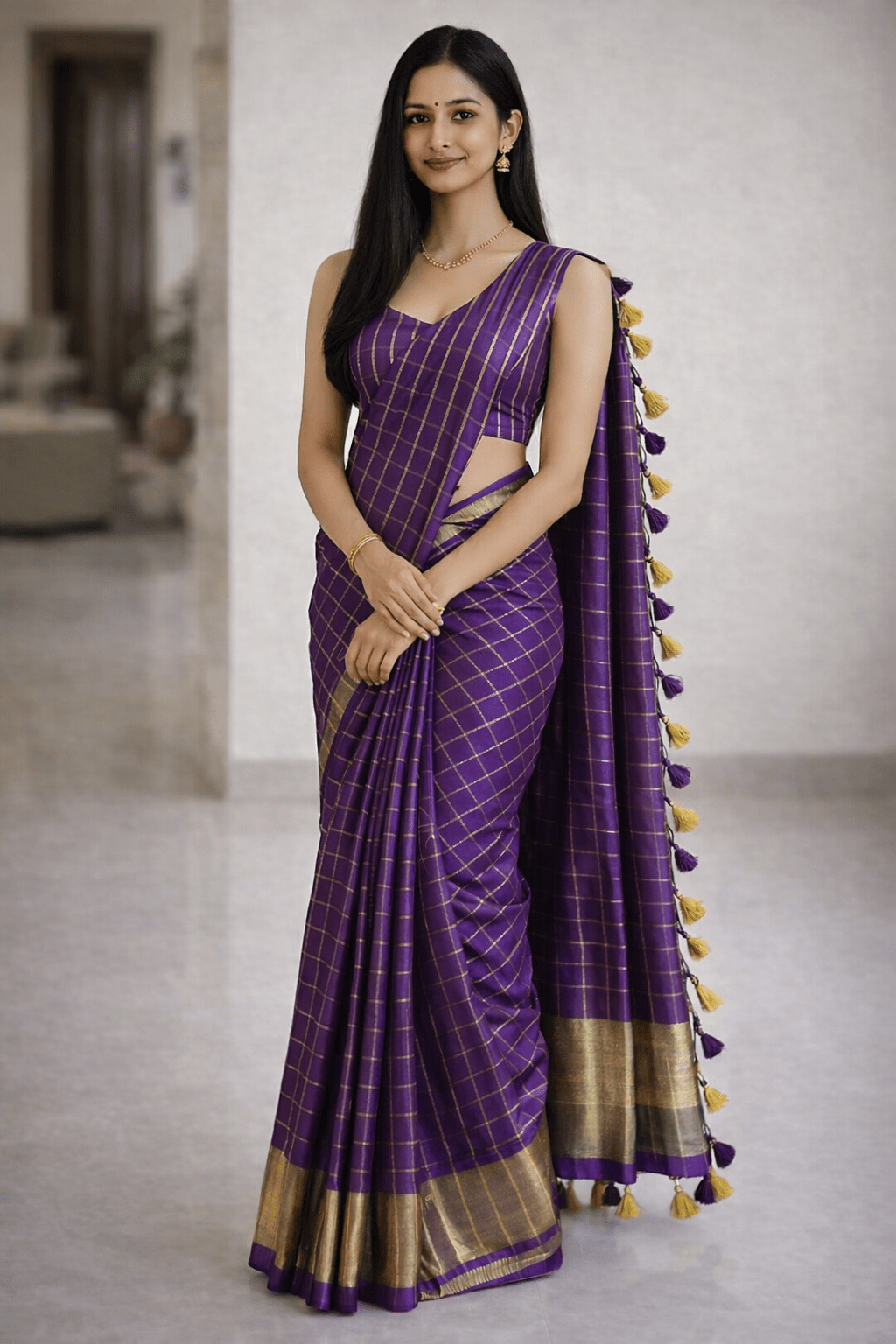 Violet Golden Checked Pure Linen Saree - Classic to Modern