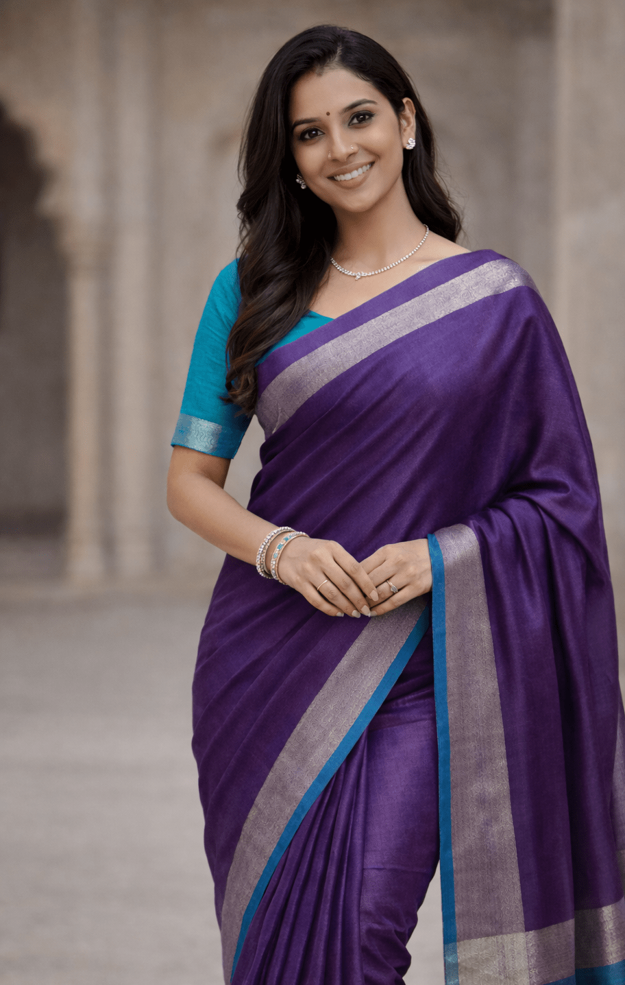 Violet Linen Saree with Blue Blouse - Classic to Modern