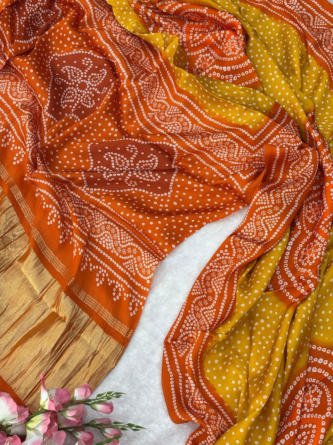 Yellow with orange pure gajji silk saree with bandhej print and lagadi pallu work - Classic to Modern